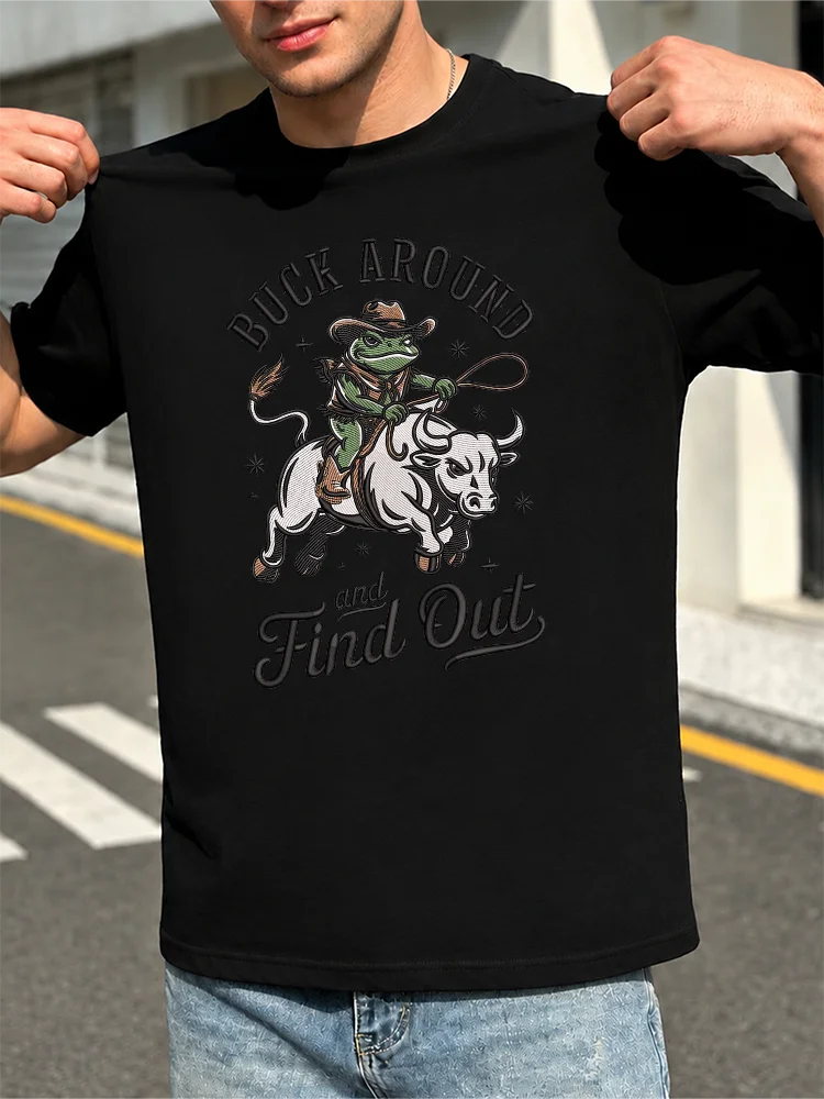 Men's 100% Cotton T-Shirt – Cartoon Cowboy Frog Riding a Bull (