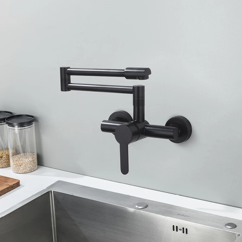 

Double Hole Ktchen Pot Filler Wall Mounted Single Handle Hot and Cold Mixer Tap Modern Kitchen Folding Sink Faucet Black
