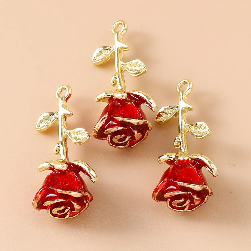 Leslie 5 Stück Emaille-Anhänger aus Legierungsmetall mit roten Rosenblüten für DIY romantische Rosen-Ohrringe für Damen, Schmuckherstellung, Zubehör – Detail 5