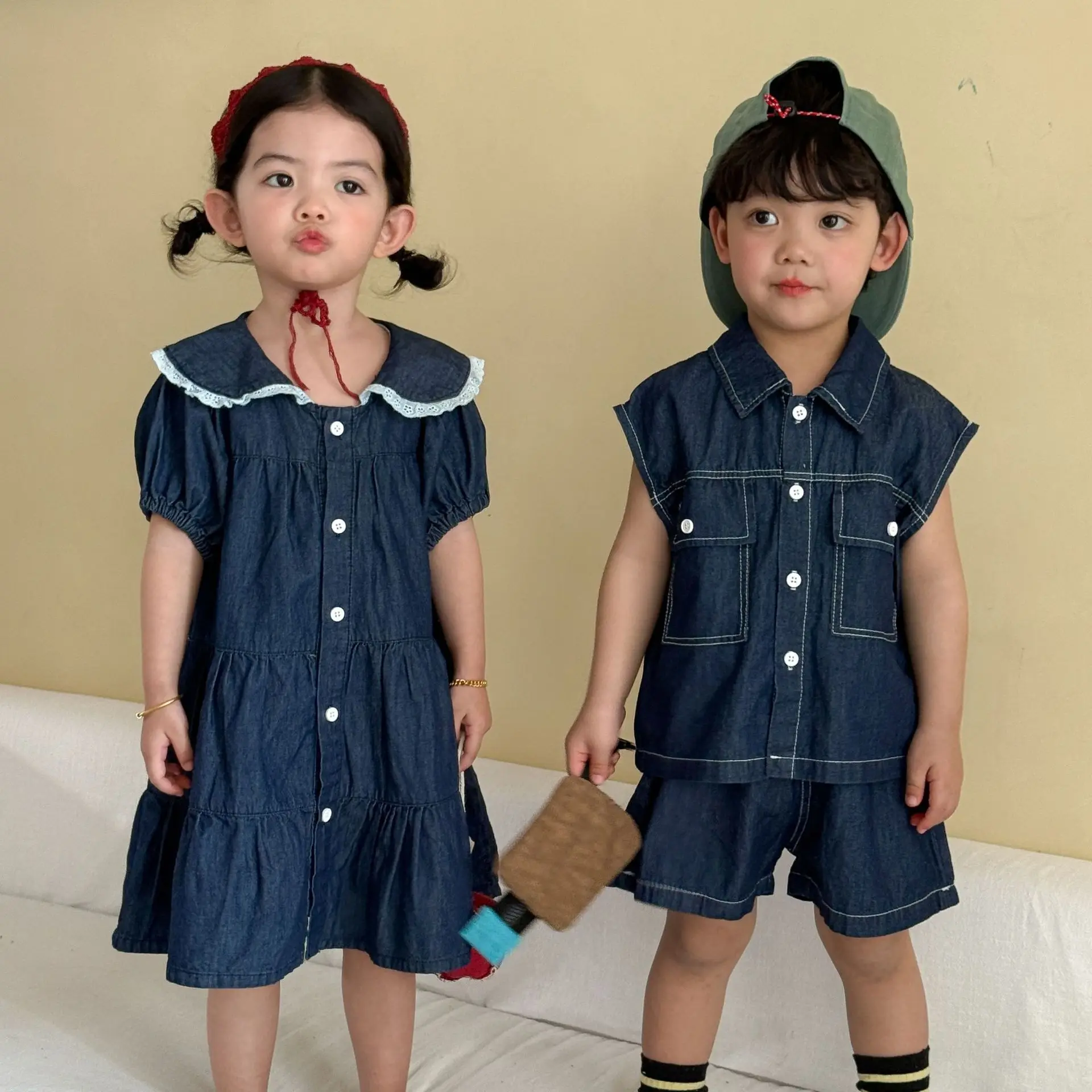 

2026 Summer New Children Denim Clothes Set Girls Lace Collar Dress Boys Lapel Shirts + Shorts 2pcs Suit Brother Sister Outfits