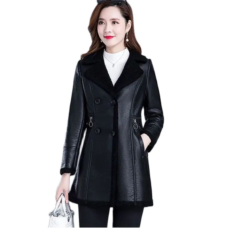 Leather Coat  Female Coat Winter 2025 Medium Long Add Velvet Keep Warm Coats Slim Fit Skin Hair One Body Leather Jacket Ladies