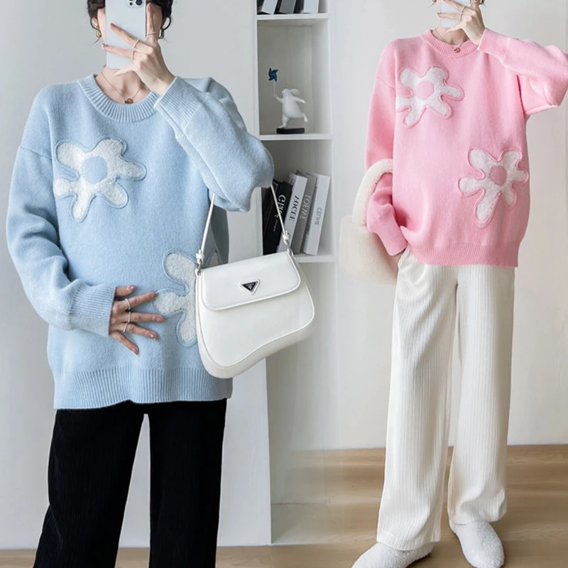 Autumn Winter Fashion Flowers Knitted Maternity Sweaters Loose Pullovers Clothes for Pregnant Women Casual Pregnancy Tops