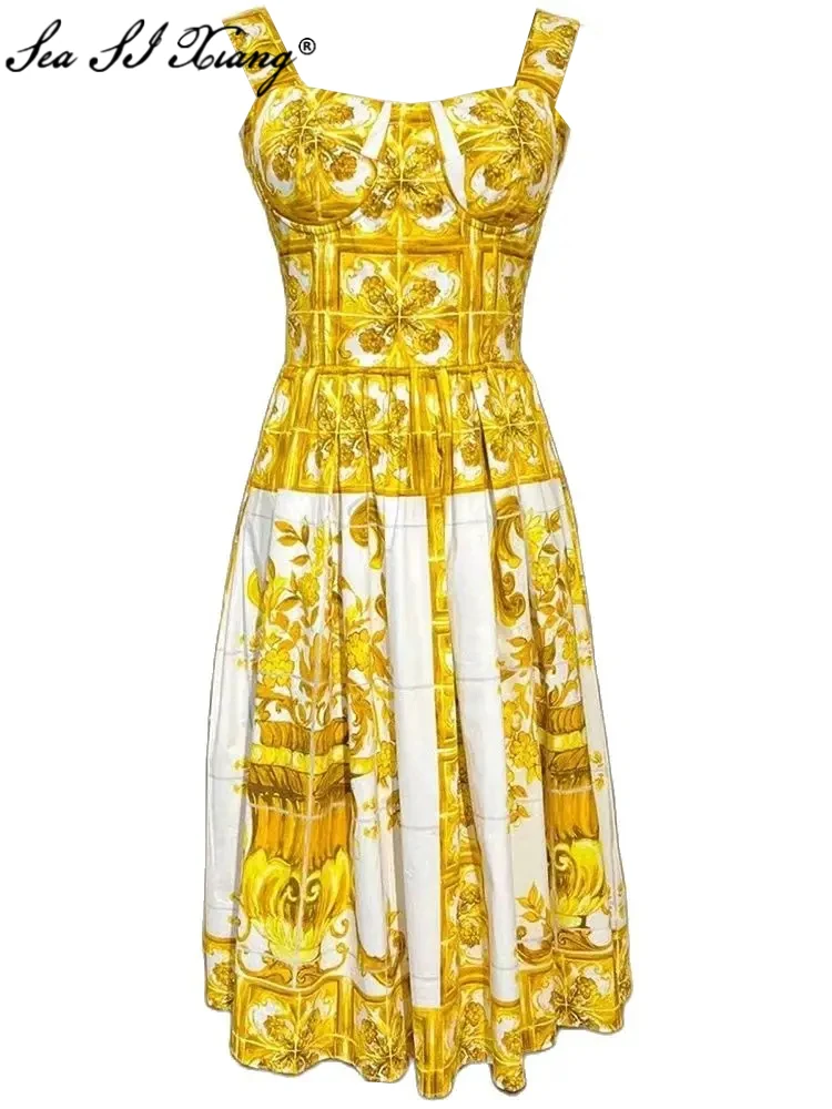 

Seasixiang Fashion Designer Summer Vintage Cotton Dress Women's Spaghetti Strap Sleeveless Yellow Flower Print Backless Dresses