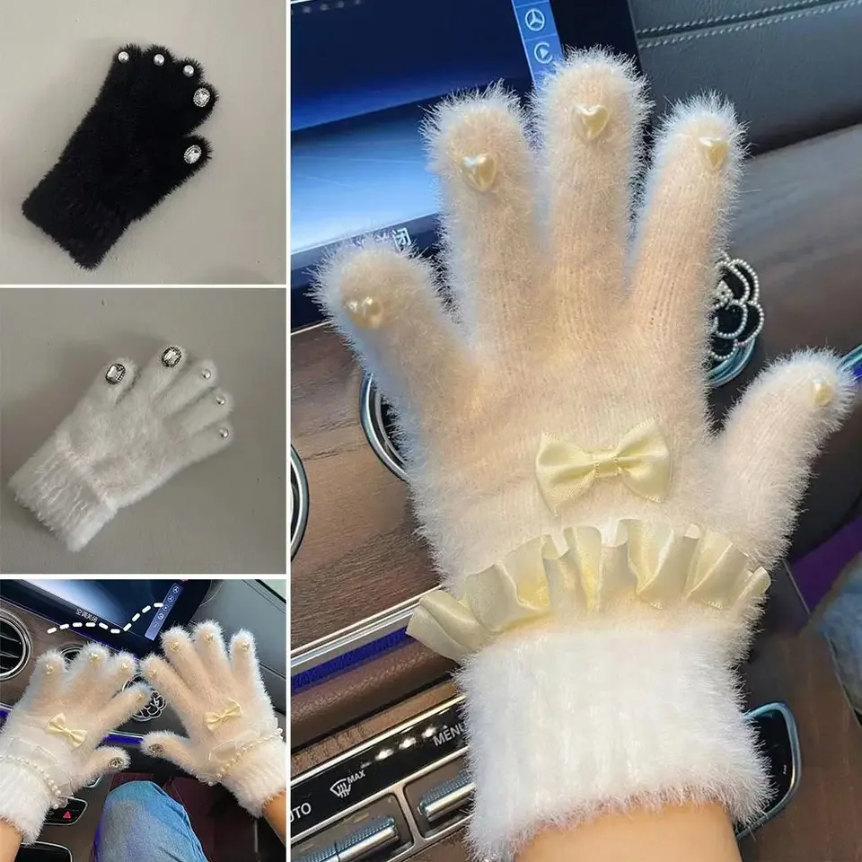 

Thickened Plush Knitted Gloves Winter Warm Soft Winter Velvet Gloves Rhinestone Pearl Nail Decoration Outdoor Windproof Mittens