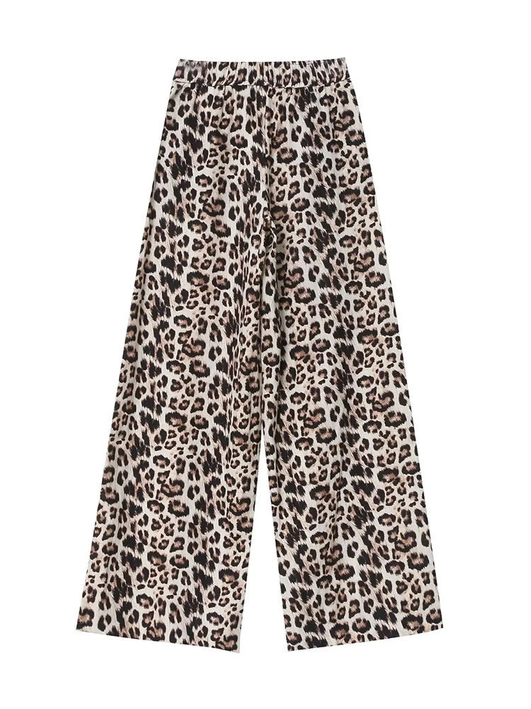 2024 Summer New European Women\'s Linen Blended Leopard Print High Waist Loose Straight Wide Leg Trousers