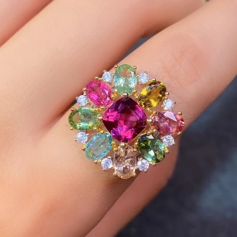 

Luxury Multicolor Natural Gemstones Ring for Wedding 7mm Garnet 4*6mm Tourmaline 925 Silver Ring with 3 Layers 18K Gold Plating