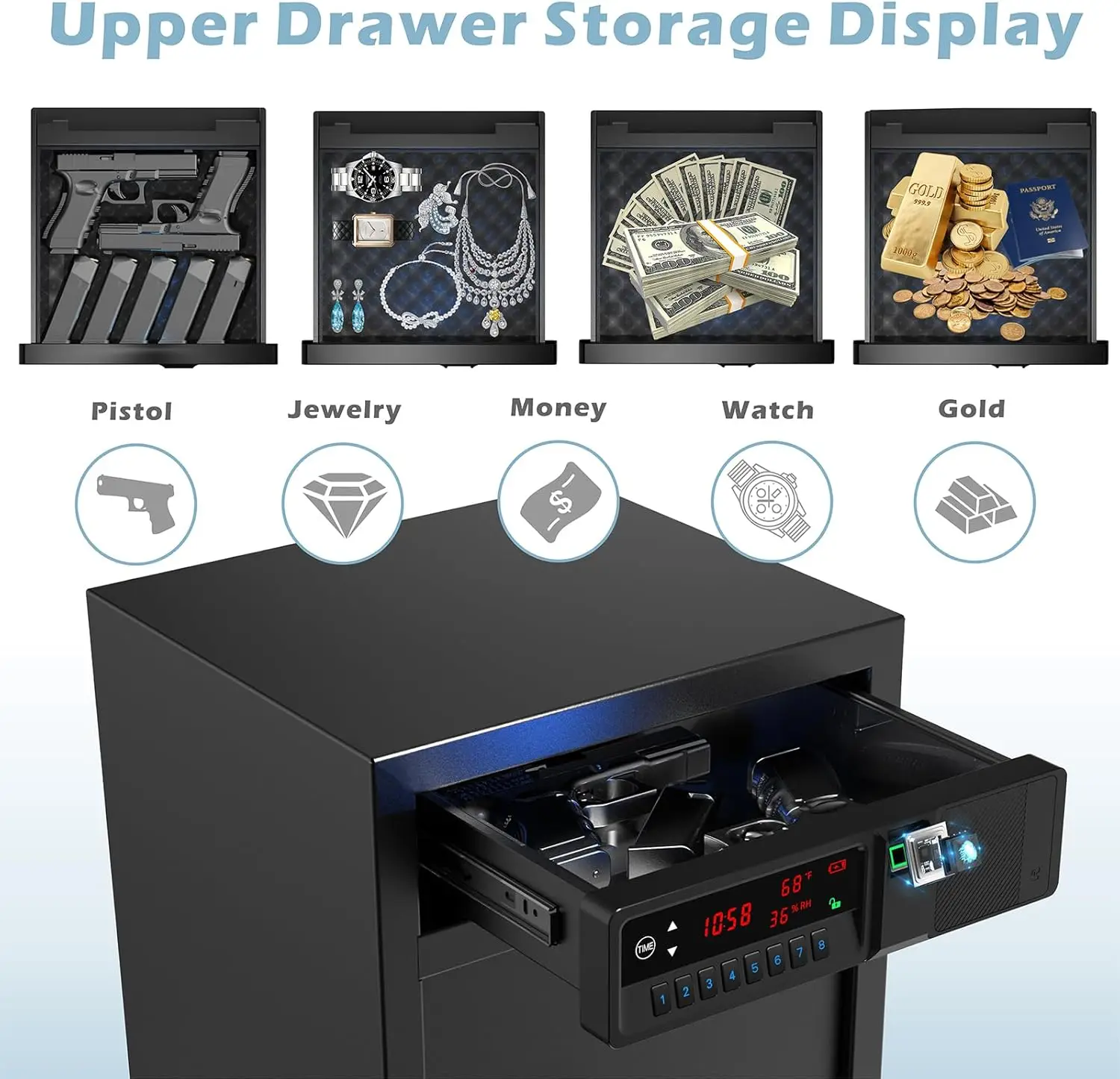 Sliding-Away Drawer Safe with LCD Display of Temp,Humidity,Time,Home Security Electronic Safe for Money Cash Valuables,Keypad La