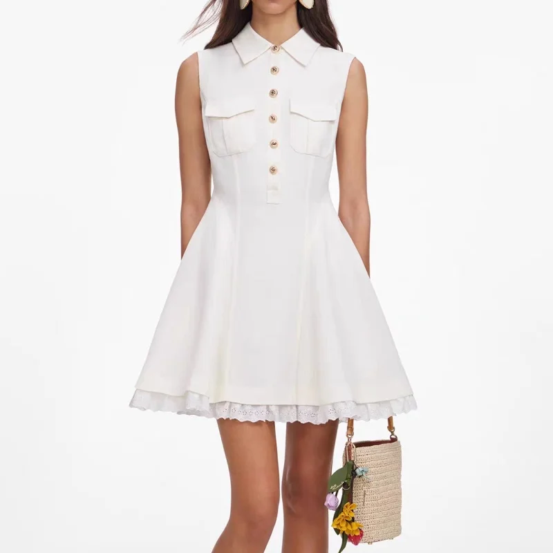 Summer New Women's Simple DesignLinen Blend Turn-down Collar Lace Trim Sleeveless Dress HighQuality FashionCommute A-Line Skirt