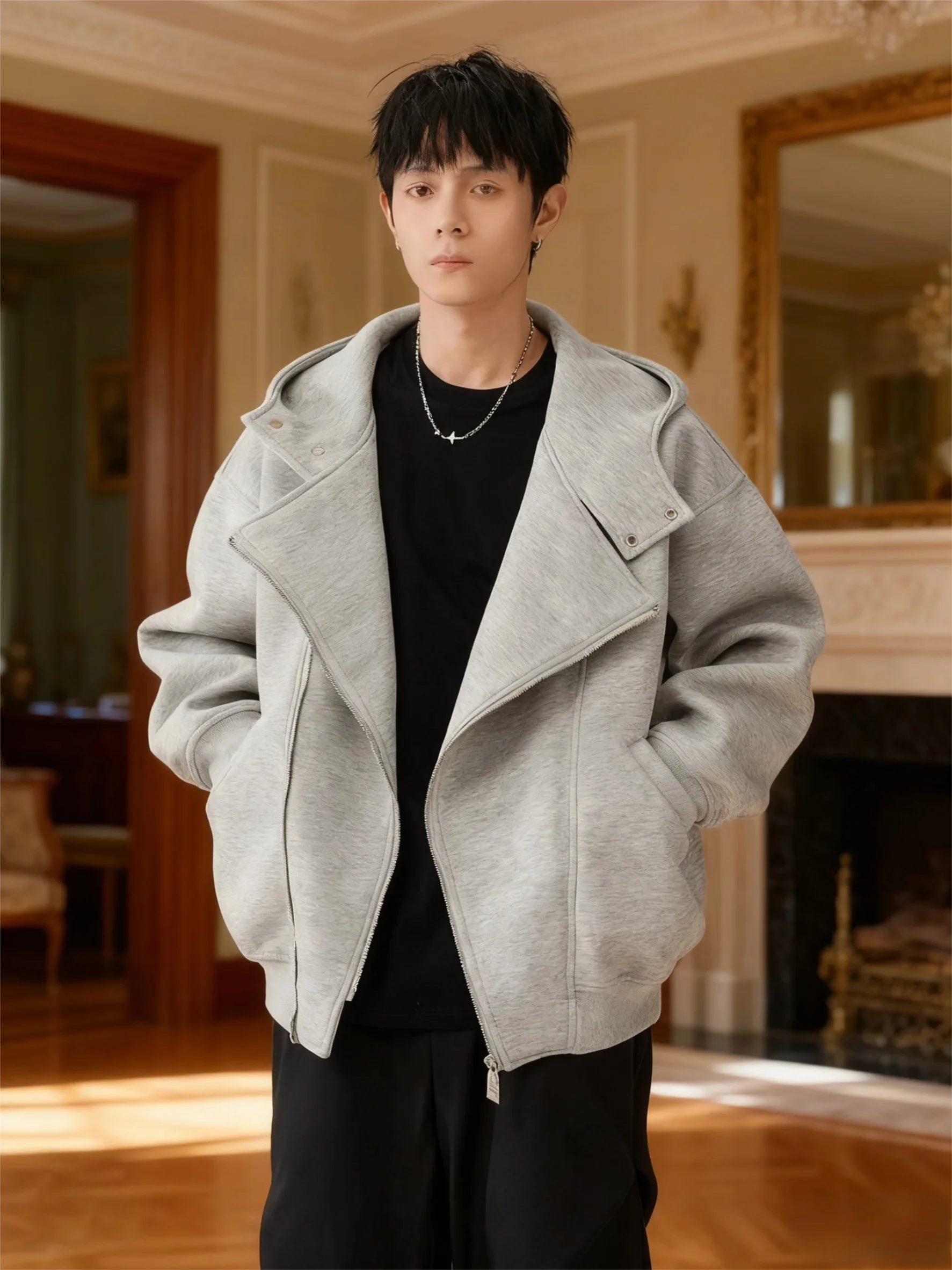 

Unisex Asymmetric Zip Hoodie - Deconstructed Streetwear with Heavyweight French Terry (Designer Double-Zip Cardi)