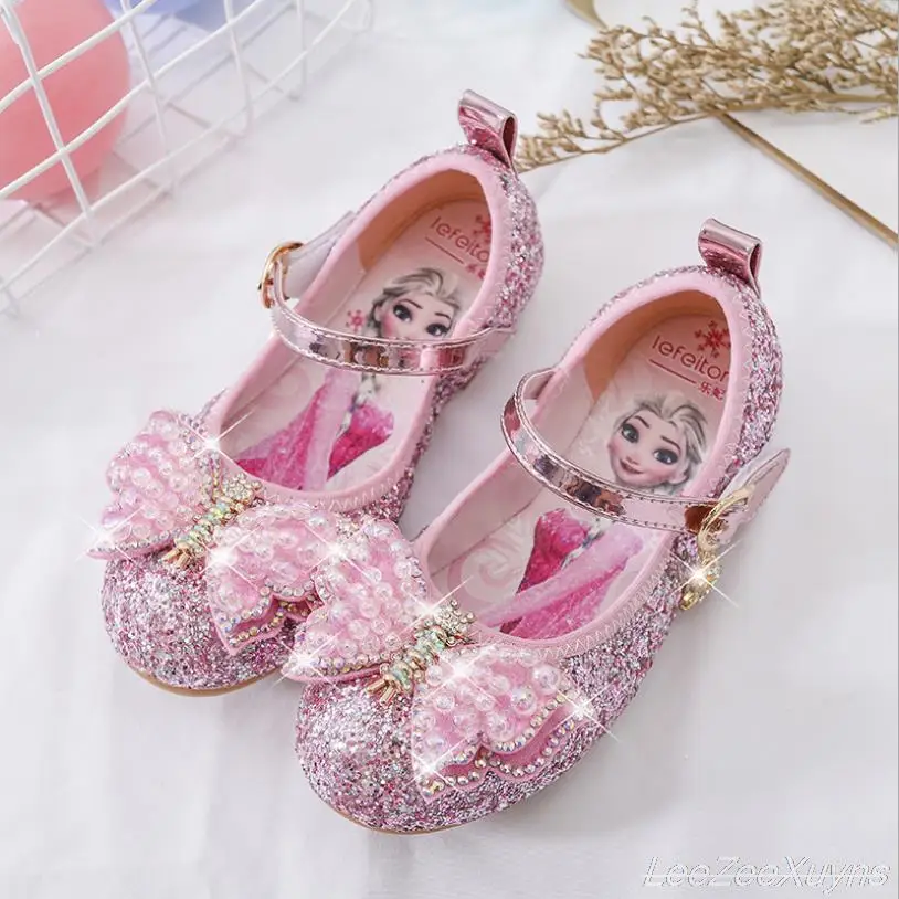 Disney Girls Princess Shoes Soft Sole Little Girl Frozen Children Crystal Casual Shoes Flat Leather Show Dance Shoes Size 22-36