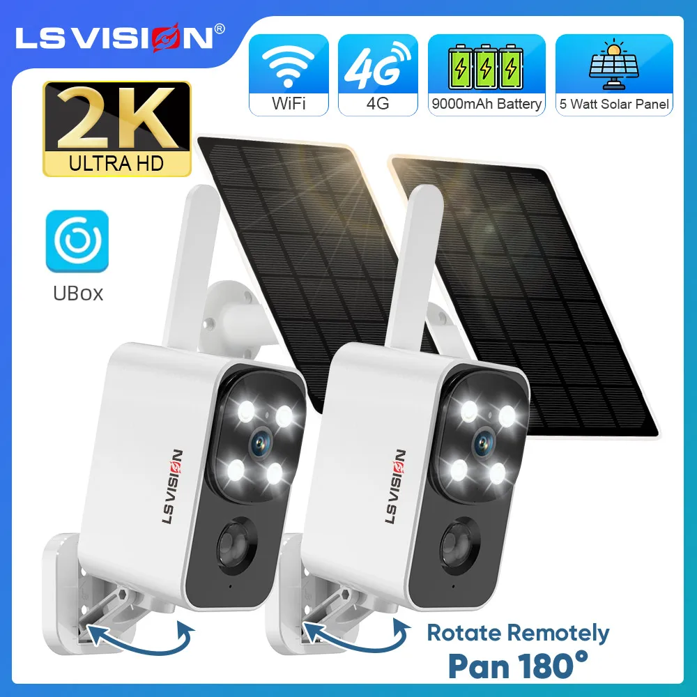 

LS VISION 2 шт. 4G солнечная камера уличная 2K WiFi 180 ° Pan Rotation PIR Обнаружение человека Двусторонняя связь 9000 мАч Аккумуляторные камеры Приложение Ubox