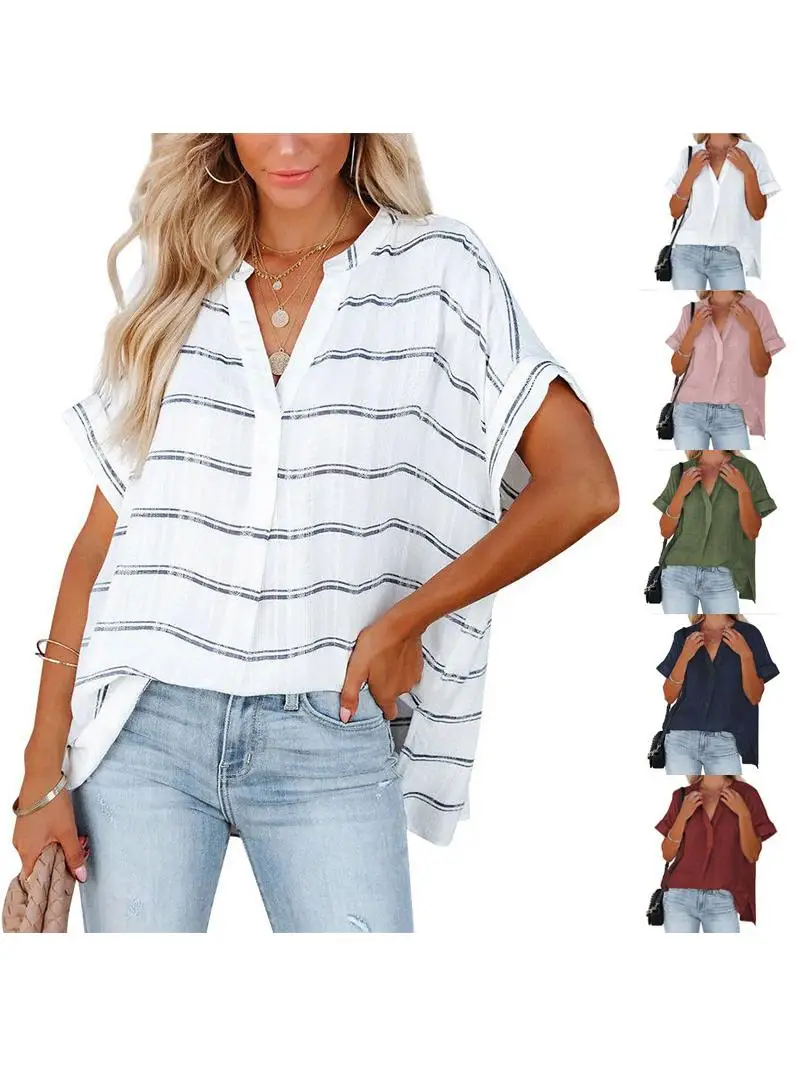 Allentato ort Sve V-Ne Summer New Women's irt Thin Flounce Sve Stripe Pattern Casual Comodo Top Fasionable