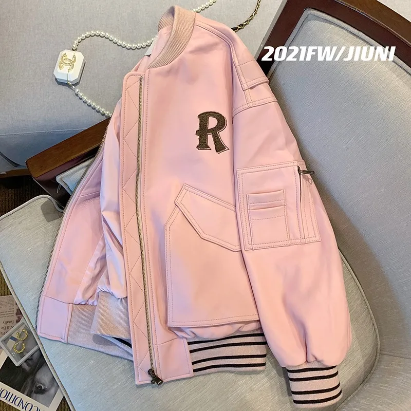 Imagem -02 - Pink Baseball Uniform Jacket Mulheres Moda Primavera e Outono Novidades Loose Casual American Motorcycle pu Jaquetas de Couro para as Mulheres