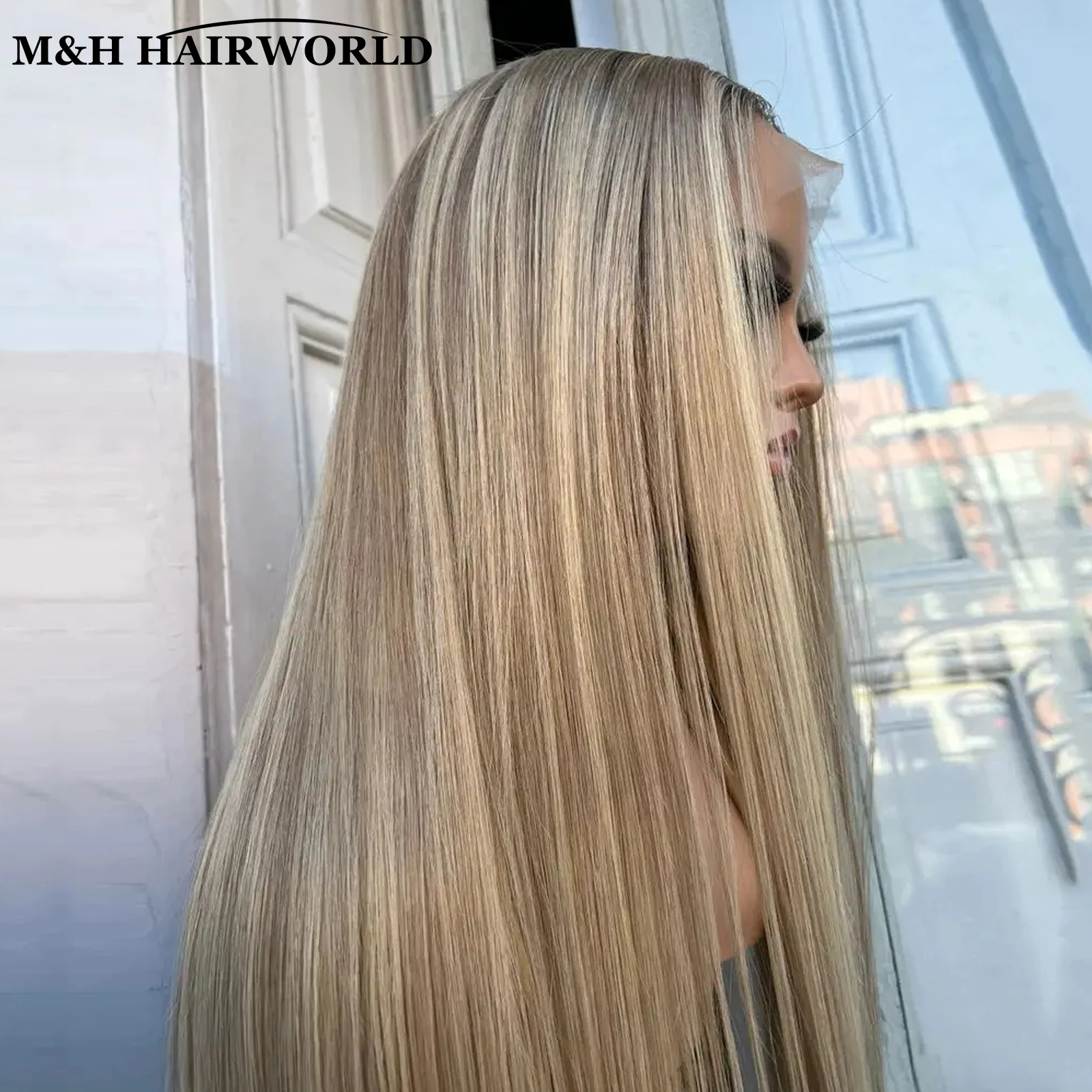 Ombre Ash Blonde Highlights Wigs with Dark Roots 30-calowa długa prosta koronkowa peruka na przód Syntetyczne włosy Peruki bezklejowe dla kobiet