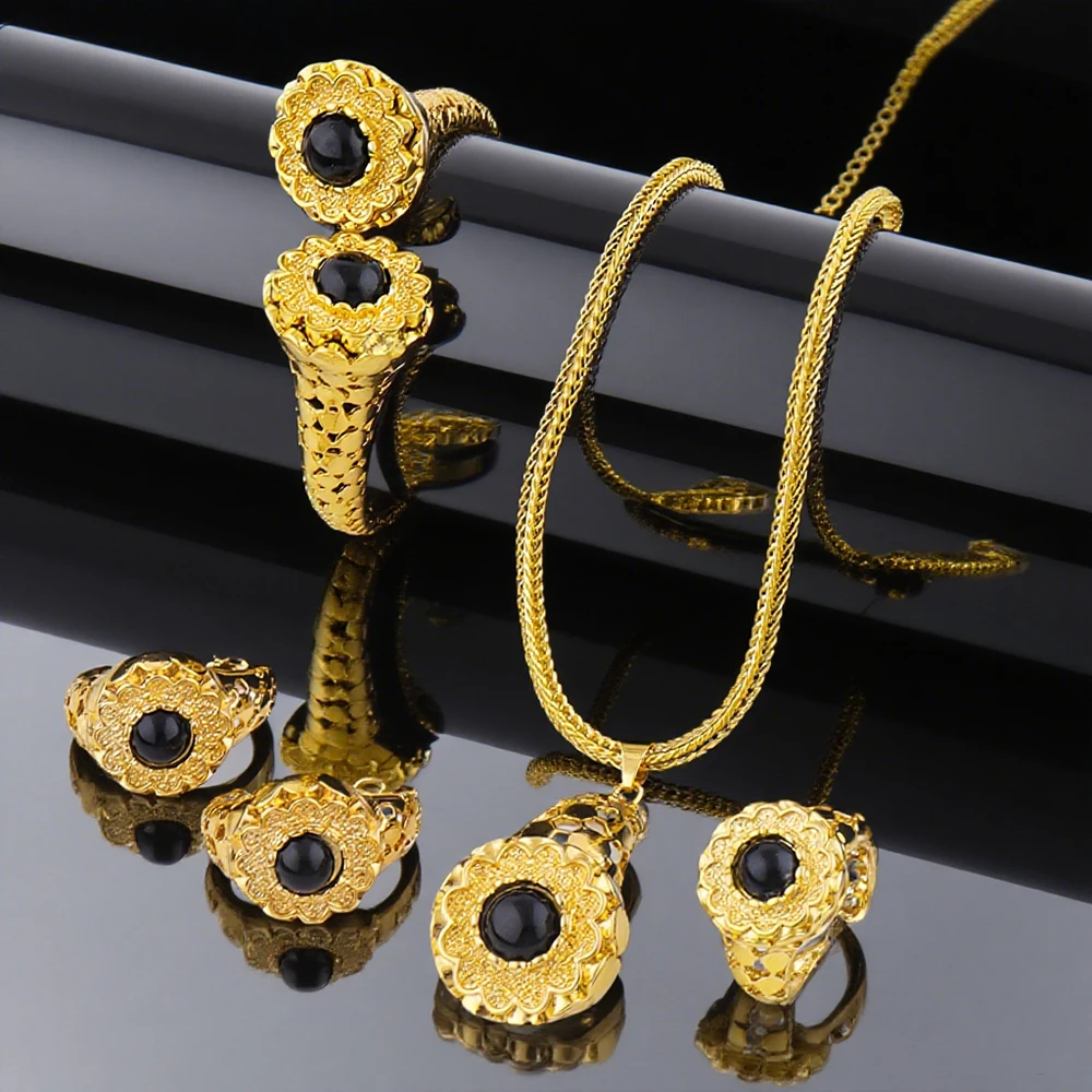 

Luxury Quality Gold Plated Multicolored Stones Earrings Ring Necklace Bangle For Women Indian Dubai Wedding Party Jewelry Sets