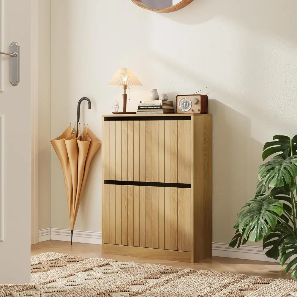 

Vertical Groove Door Shoe Storage Cabinet with 2 Flip Drawers for Entryway, Narrow Freestanding Shoe Organizer