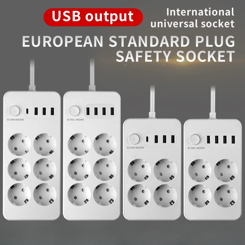 EU KR Power Strip Electric Sockets 13A 2500W 6 8 10 Outlets with USB 5V 2.1A TYPEC Extension Cable Plug Office Home Socket