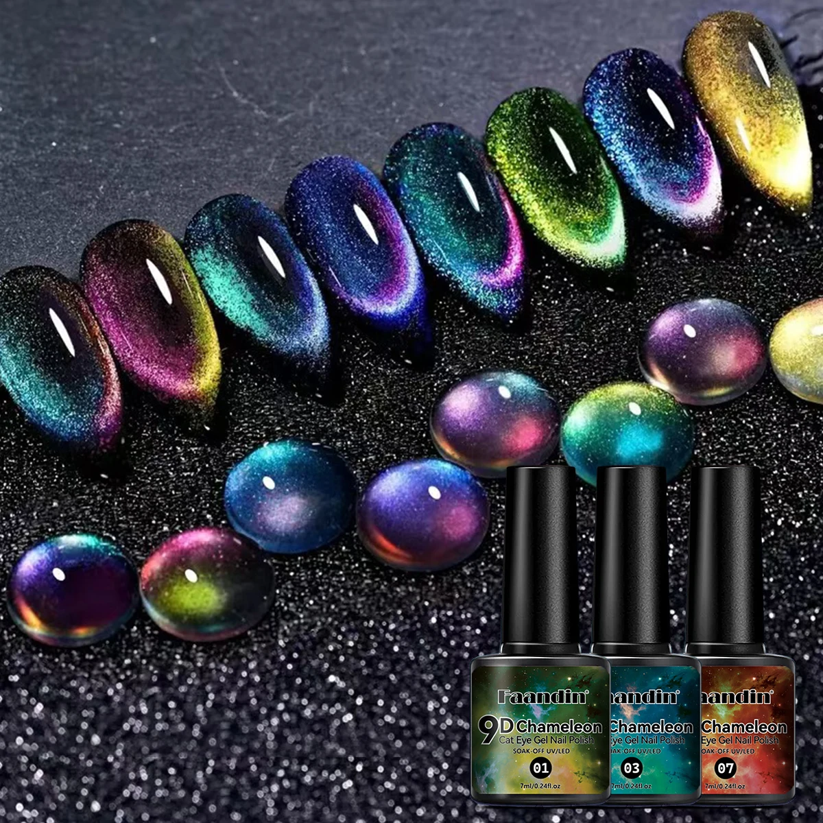 Faandin 7ml*1 Bottle, Seven-Color Changing Peacock Cat Eye Gel Nail Polish, with Black Base Color for Better Effect, Full Color, Not Easy to Peel Off, Long-Lasting Effect, Easy to Operate, Uv Lamp Quick-Drying, a Must-Have Item for Fashionable Ladies Attending Salons and Parties
