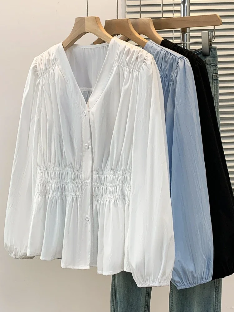

Loose Pleated Ruffle Oversized Tops 2025 V-neck Long Sleeved Plus Size Shirt Ladies Chic Elegant Solid Versatile Blouse