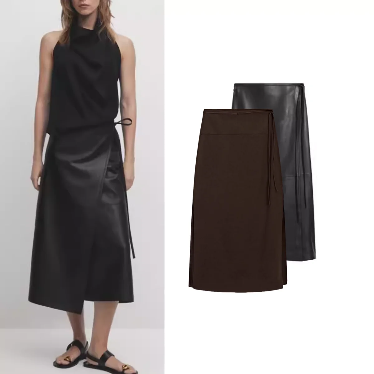 

Юбка из искусственной кожи с поясом, новинка весенней коллекции, женская модная уличная юбка А-силуэта, длинная, из полиэфирного волокна