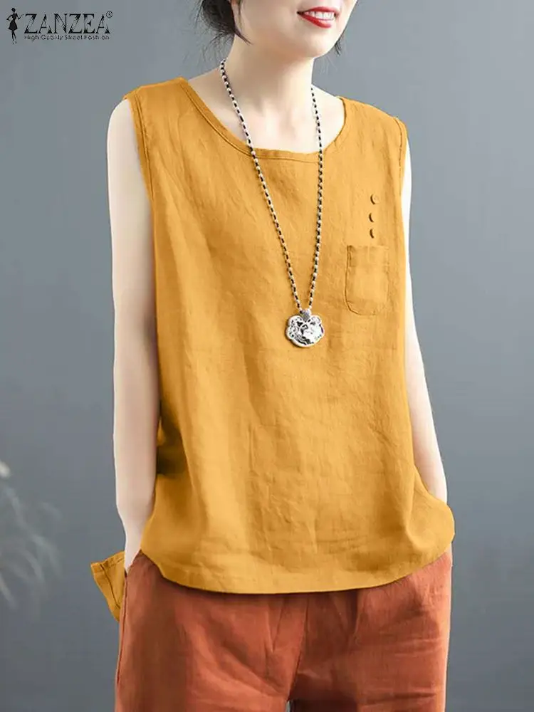 2024 ZANZEA Fashion Sleeveless Tanks Tops Summer Women Blouse Vintage Camis Casual Holiday Tees Female Elegant Work Shirt Mujer