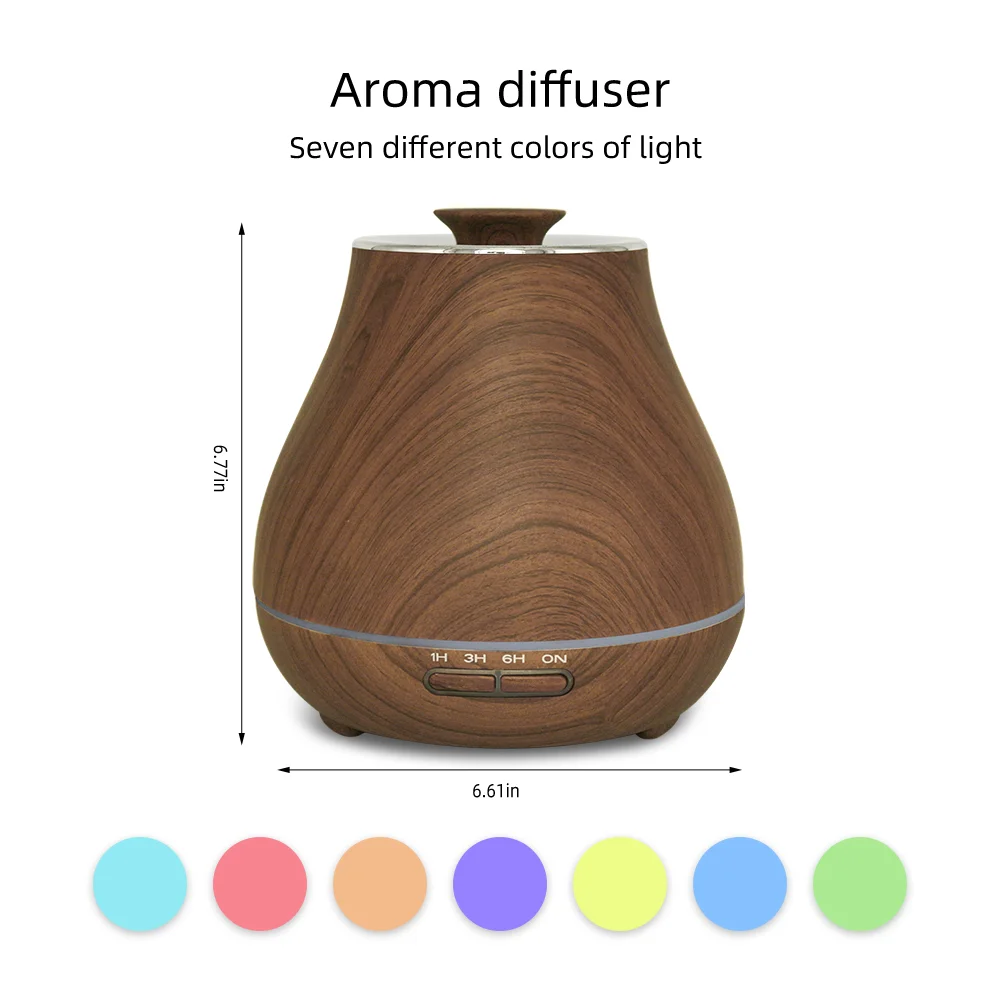 Cool Mist Humidifier Dark Wood Kettle Shape Diffuser with Auto Shutoff, 7-Color Night Light, 3 Timer, Quiet & Energy Efficient
