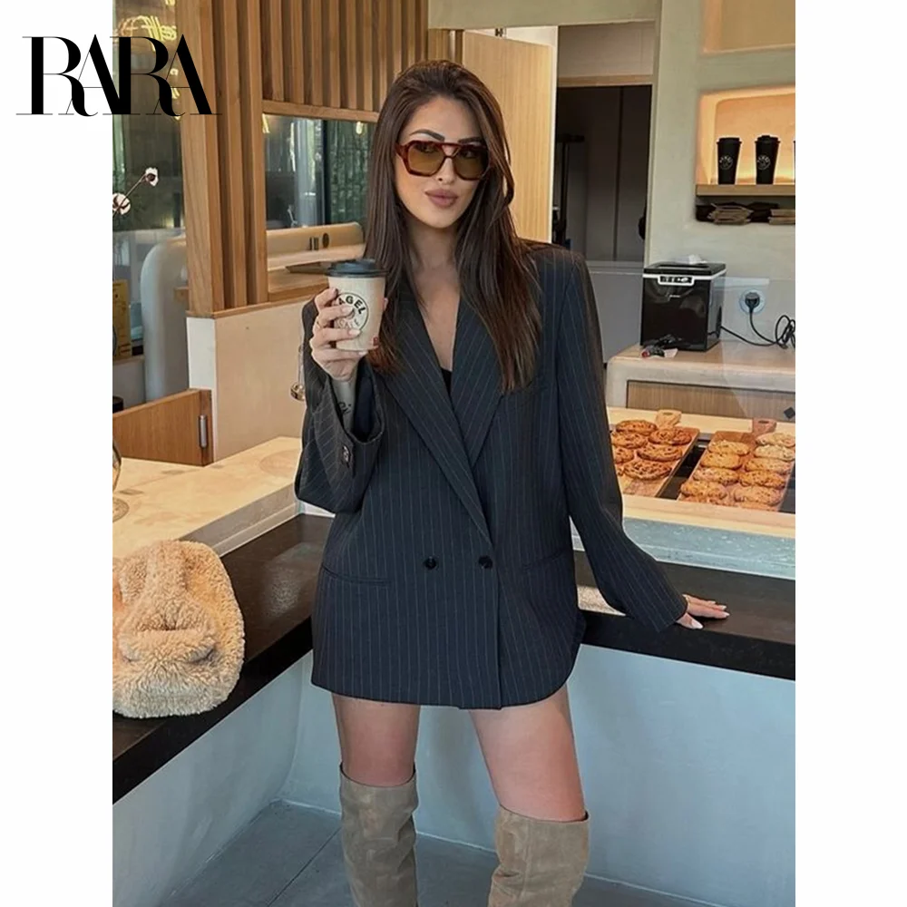

2024 RARA женский зимний новый ретро универсальный лацкан с длинными рукавами в тонкую полоску прямой свободный пиджак двубортный