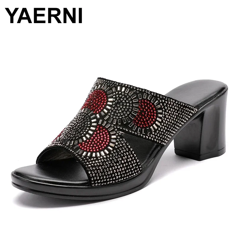 

YAERNI Women slippers ladies summer genuine leather slippers shoes women high heels fashion rhinestone summer shoes