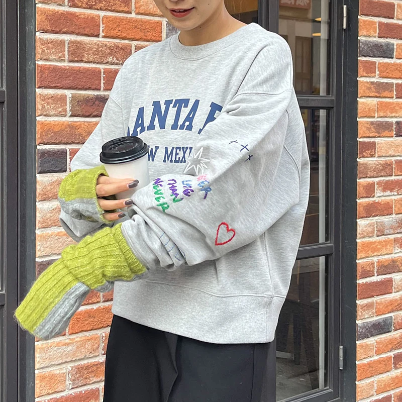 

Japanese Sle Heavy Embroidery Sweatirt Letter Print Agel Faionable Long Sve Crew Ne Cotton Hoodie for Women
