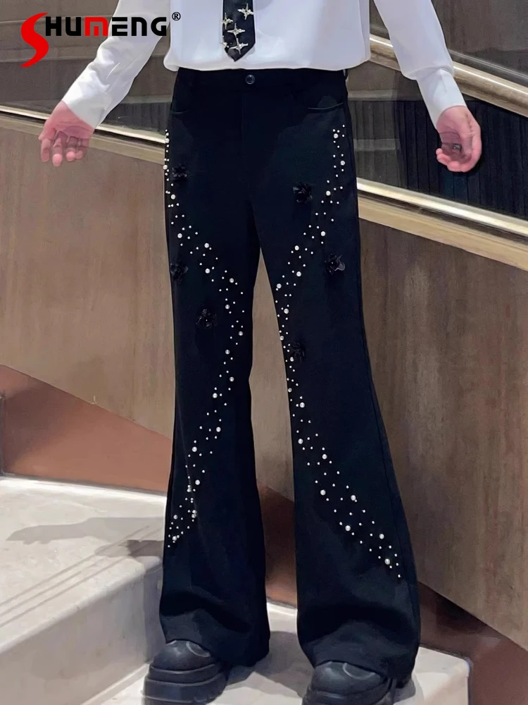 

Fashion Micro-flared Trousers Men's 2026 Spring Beaded Three-dimensional Flower Design Pants Male Chic Trendy Wide-leg Trousers