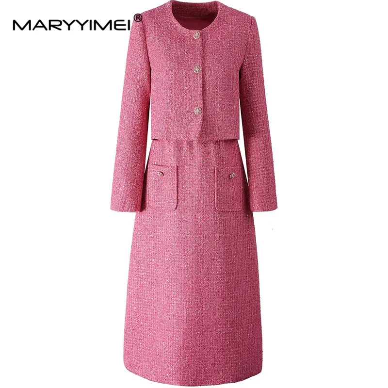 MARYYIMEI Autumn and winter Women's Suit Long Sleeved Single Breasted Tops+Square-Neck High waist Dress 2 piece set