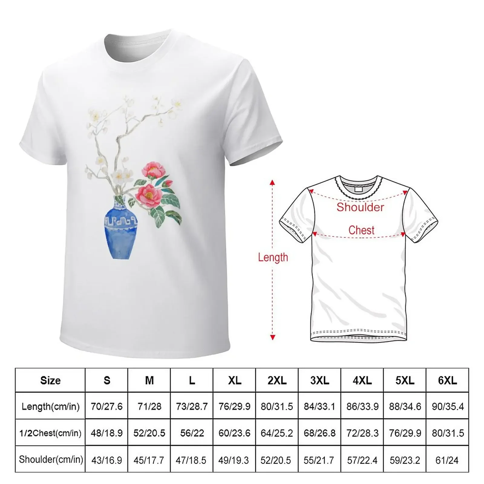 red camellia flower white plum flower in a blue vase T-Shirt vintage summer tops t shirts for men