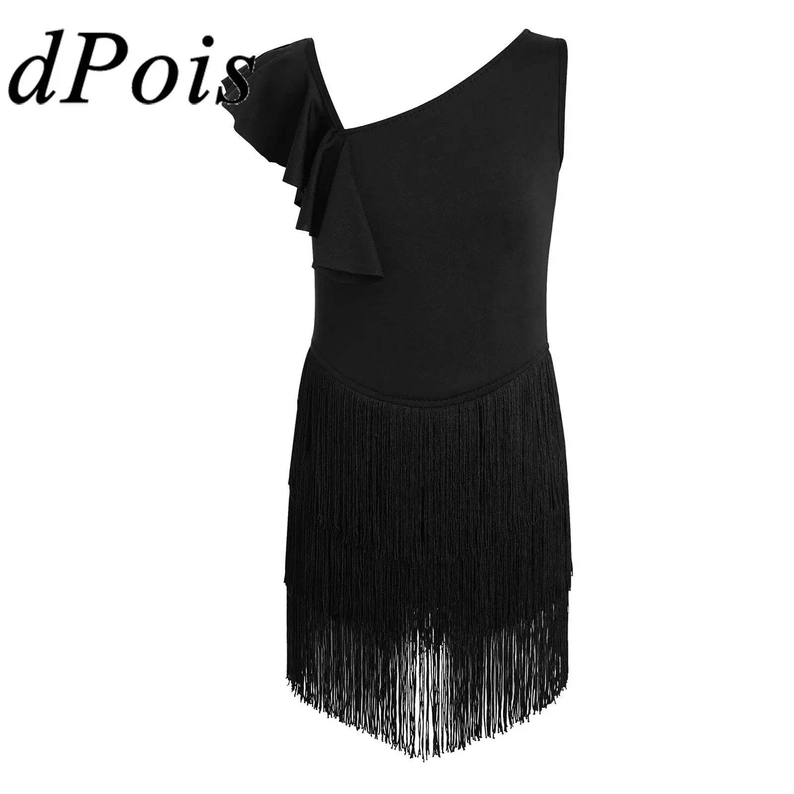 

Ballroom Dancewear Girls Samba Tassels Latin Dance Dress Kids Performance Dancing Competition Asymmetrical Ruffle Fringe Dress