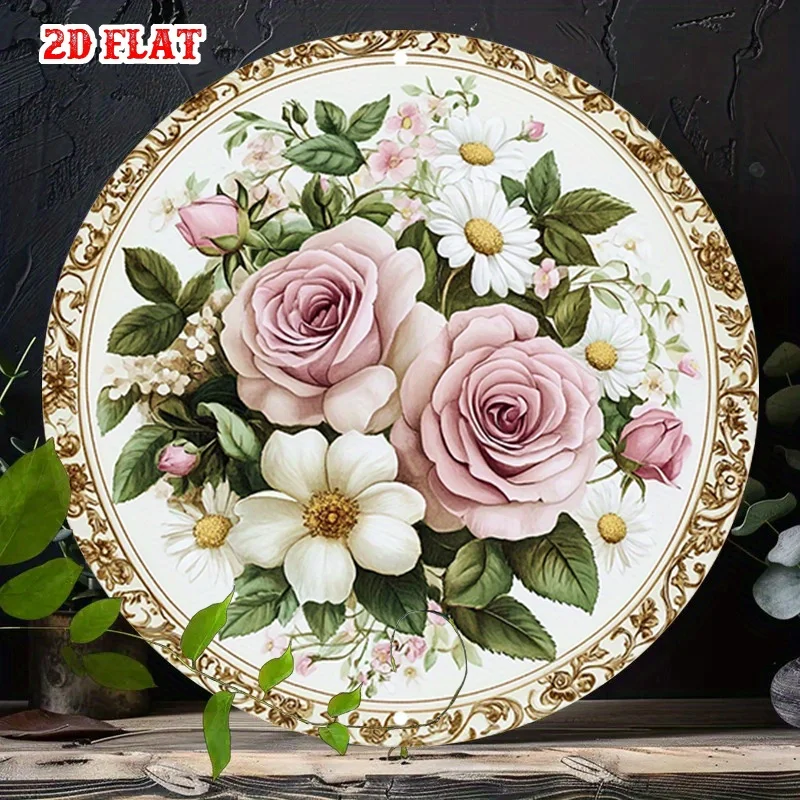 2D Flat - A Vintage-Style 2D Flat Metal Sign Showcasing Pink Roses And Daisies, Perfect for Decorating Cafes, Beach Houses, Or