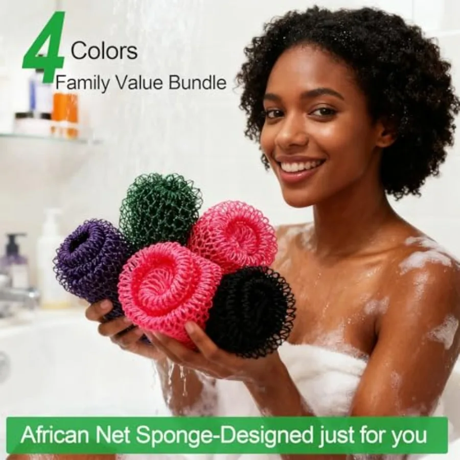 4 Pack African Net Sponge Authentic, 45" Long African Exfoliating Net Sponge with Knots, Body and Back Scrubber for Shower Bath view 5