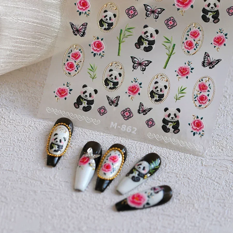 사랑스러운 팬더 대나무 꽃 스타 Bowknot 러브 하트 5D 네일 아트 스티커 귀여운 만화 양각 부조 접착제 매니큐어 데칼