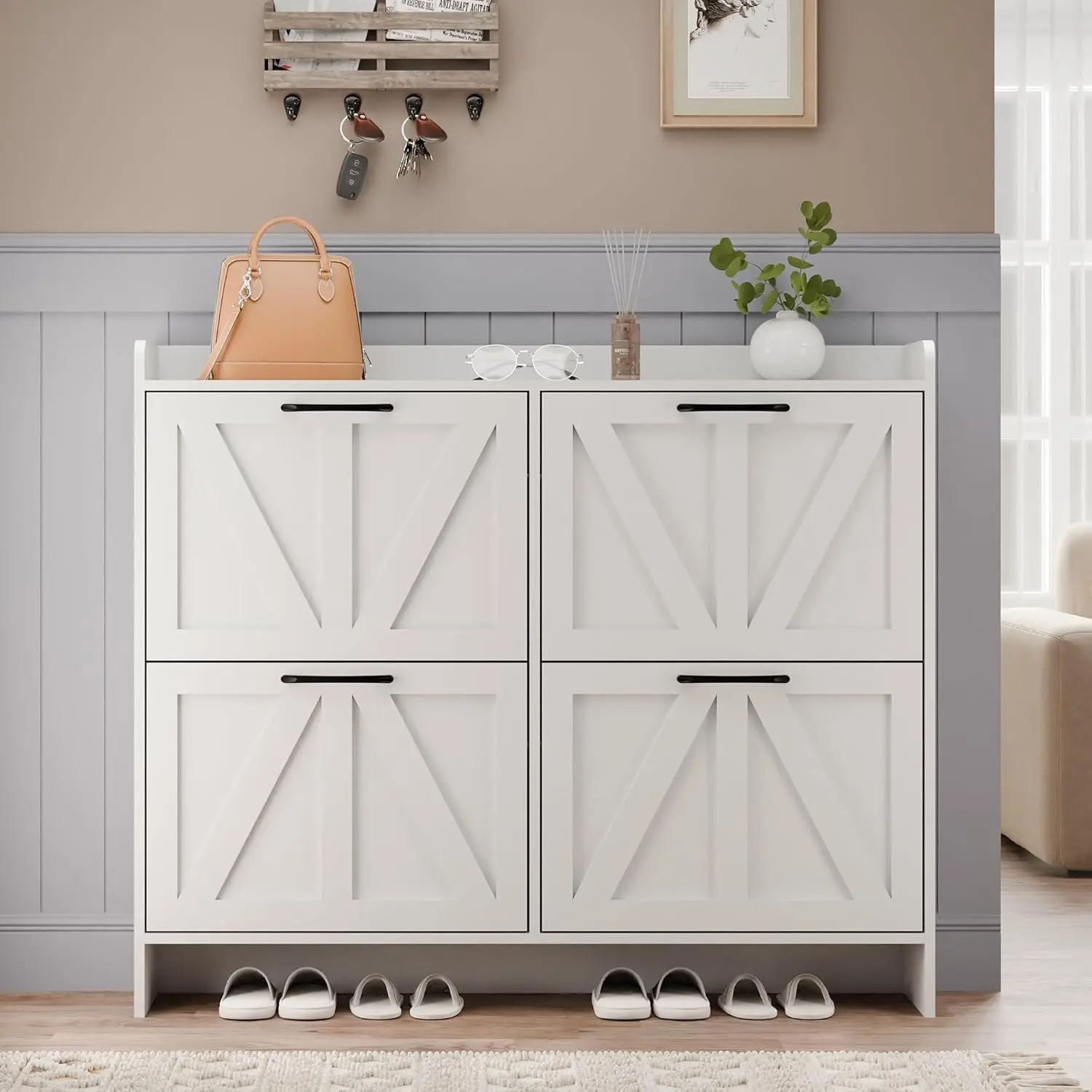 4개의 서랍이 있는 신발 보관 캐비닛, 독립형 신발 캐비닛, 현관용 나무 다리가 있는 슬림 신발 정리함, 흰색