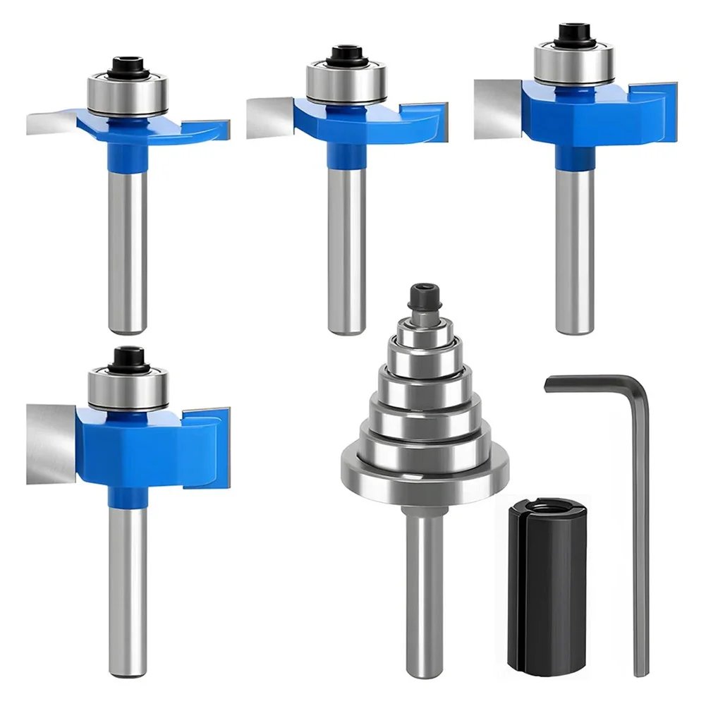 1set T-Type Rabbet Router Bits Set Milling Cutter With Interchangeable Bearings Chuck Adapter For Wood Grooving Cutting