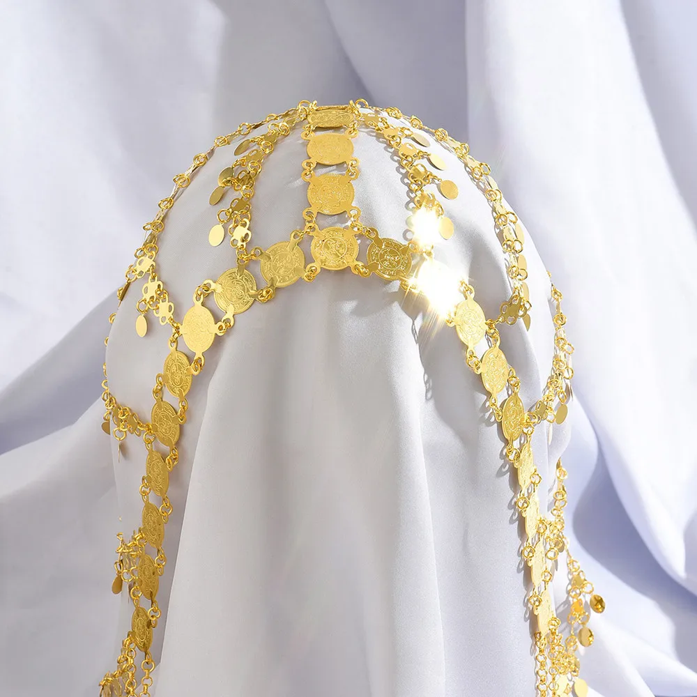 

Glamorous Gold-Tone Coin Headpiece: Dazzling Dangling Chain Design. Elevates Weddings Evening Party Hairstyles.