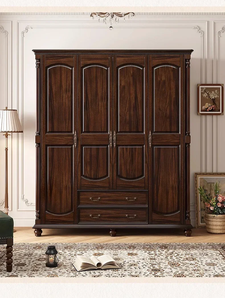 7.16-c13  solid wood wardrobe retro rustic four-door wardrobe home bedroom black walnut door storage locker