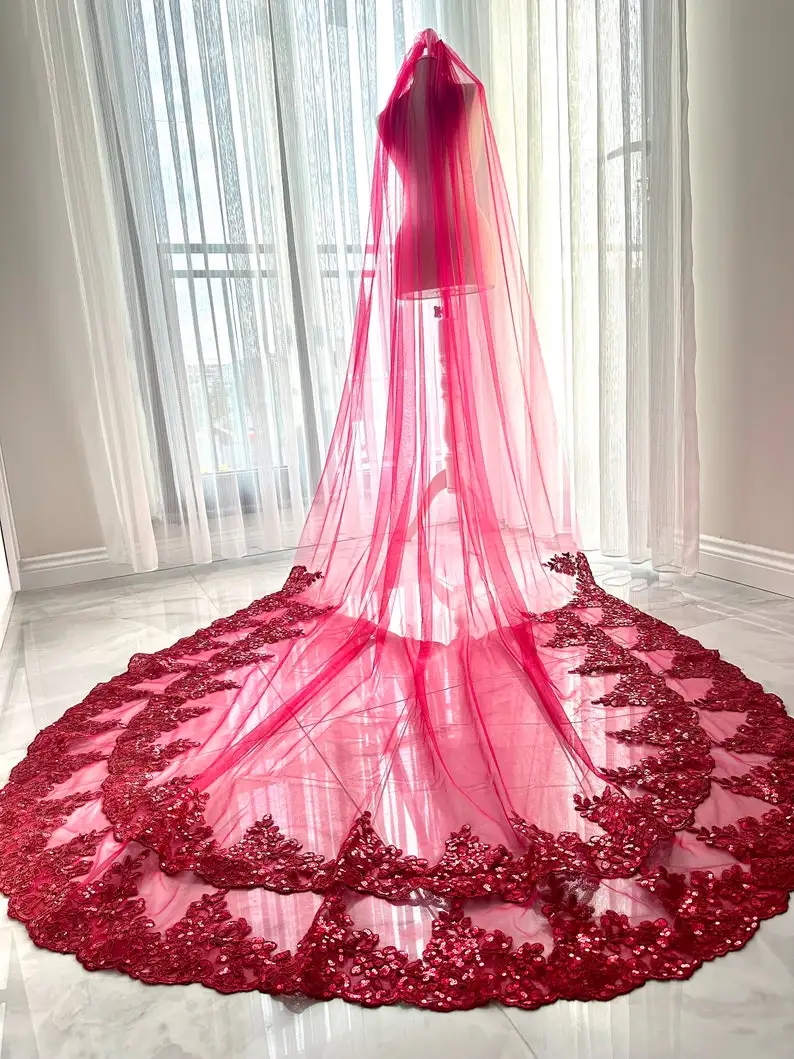 

Bridal Veil Red Embroidered Wedding Cape Long Cathedral Veil Red Sequins Shoulder Veil Red Wedding Dress Tulle