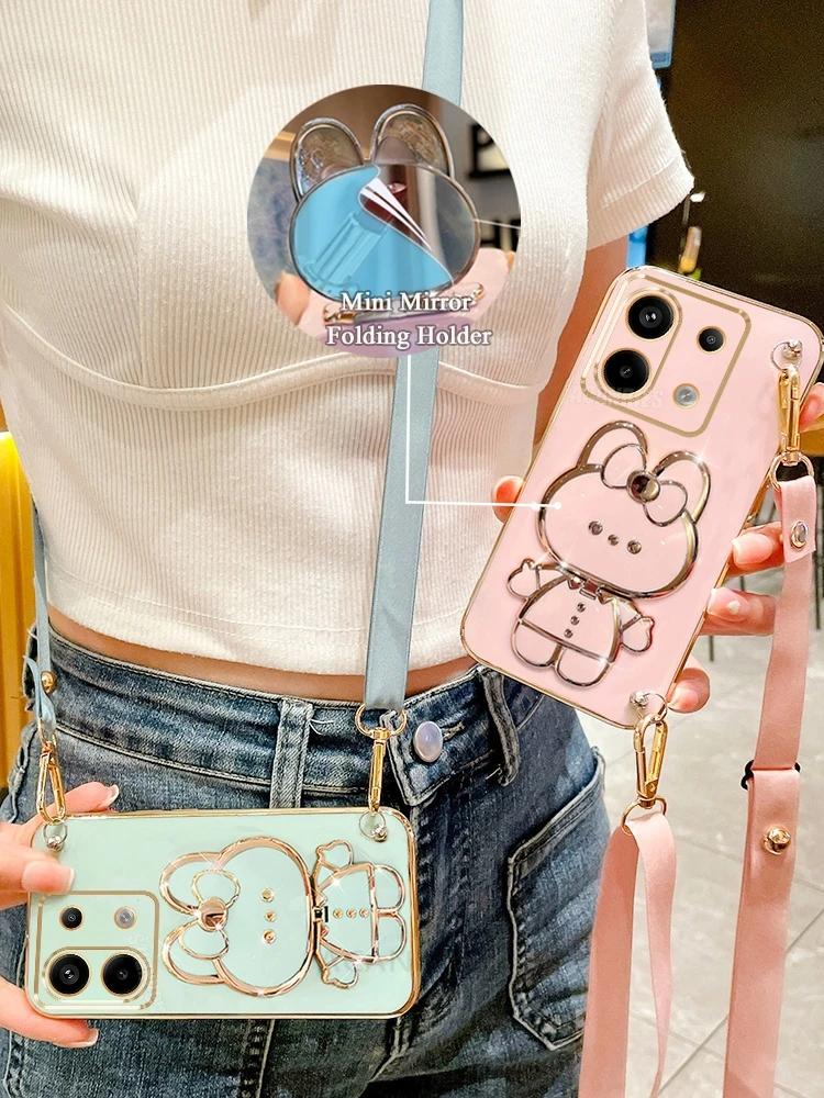 Note13 Crossbody Lanyard Mirror Holder Case On For Xiaomi Redmi Note 13 Pro 4g 5g 13pro Plus 13c Silicone Soft Cover Poco X6 M6