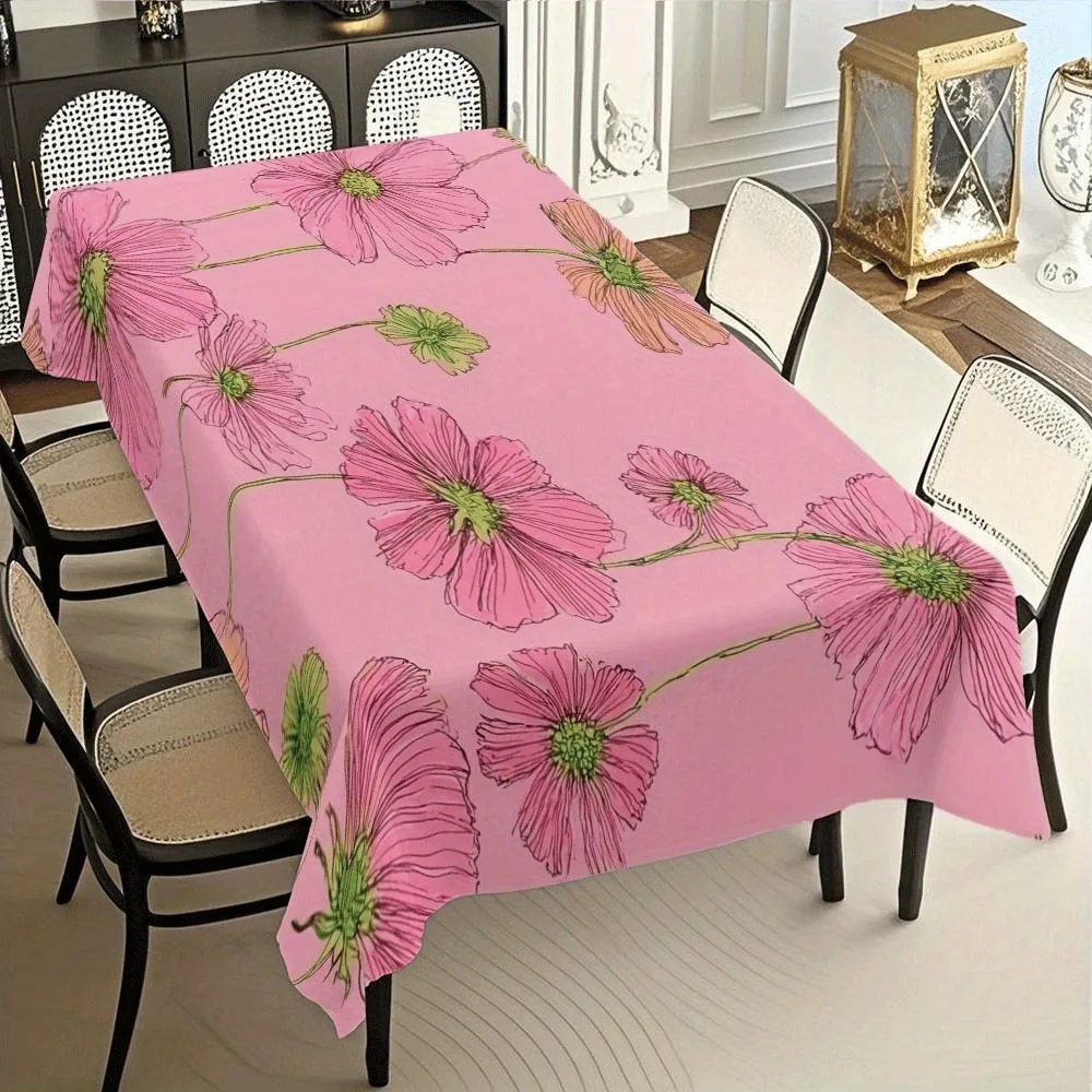 1pc Pink Nebula Floral Tablecloth, Rectangular, Hand-Painted Design with Vibrant Pink Flowers and Green Leaves, Perfect for Picn