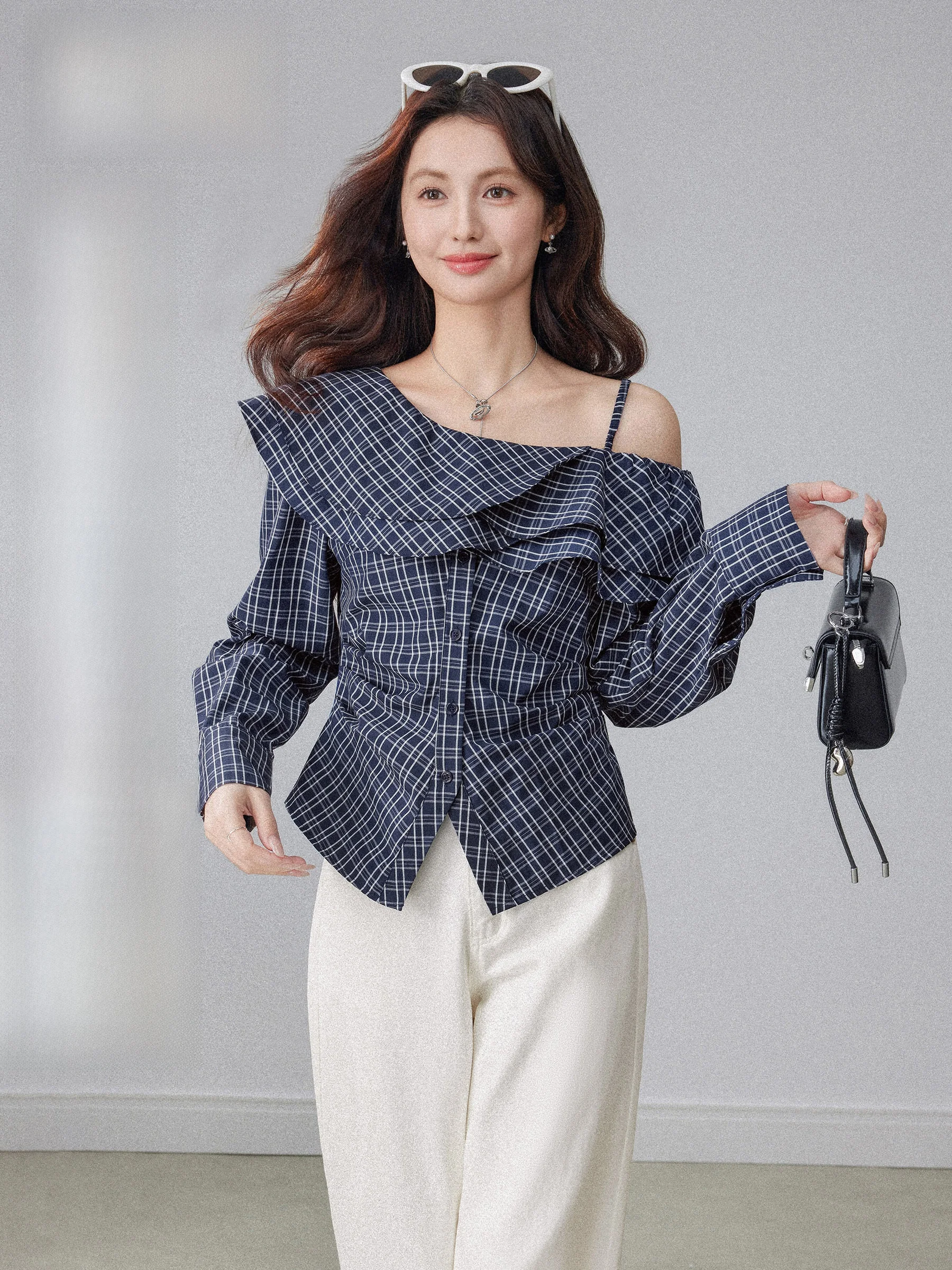 

Retro Striped Long Sve Women's irt Spring 2026 New Unique Beautiful Gored oulder Top Floral Lace Hem Classic Plaid Pat...