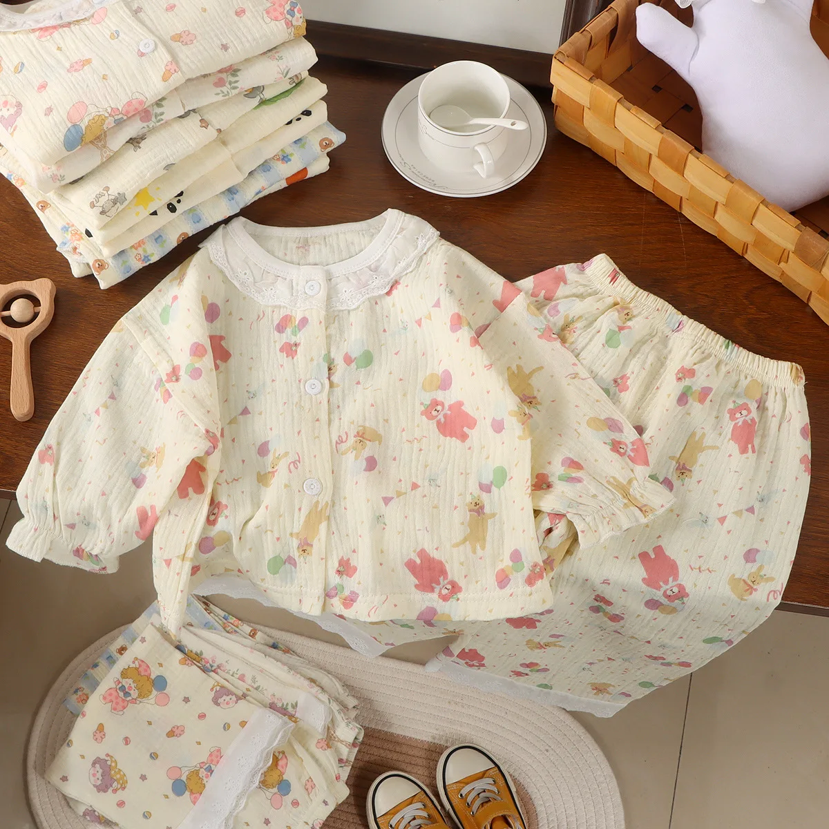 Girls' Pajama Sets Summer Cotton Pajamas Children's Home Wear Clothes Set Thin Double-layer Cotton Air Conditioning Suit Set