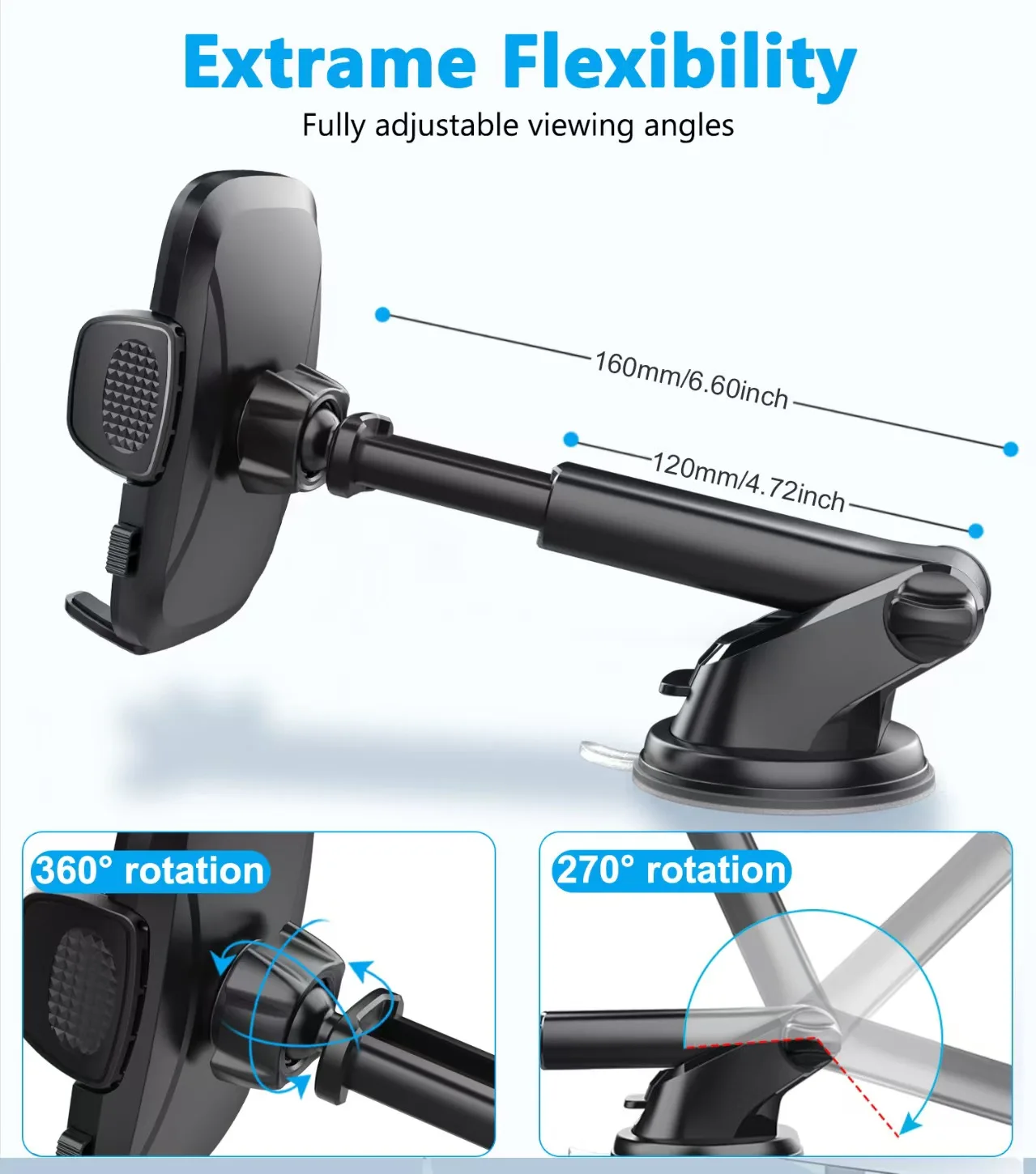حامل هاتف السيارة ذو الكوب الشفط العالمي الجديد، 360 درجة ° دعامة دعم لوحة القيادة للسيارة على الزجاج الأمامي، مناسبة للهواتف الذكية مقاس 4.0 إلى 7 بوصة #6