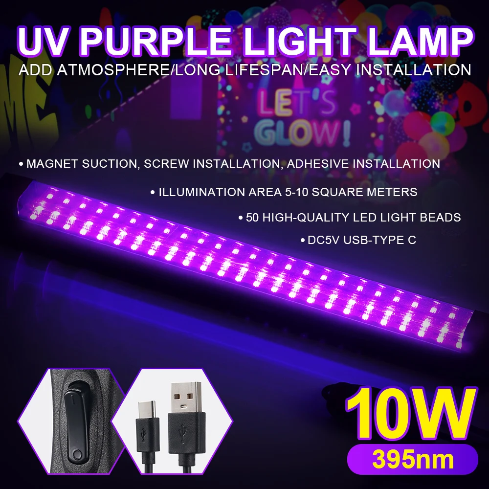 

10W 395nm USB UV Black Light Bar 50 LED Beads 180° Wide Beam Ultraviolet Lamp for Halloween Glow Party Body Paint Fluorescent