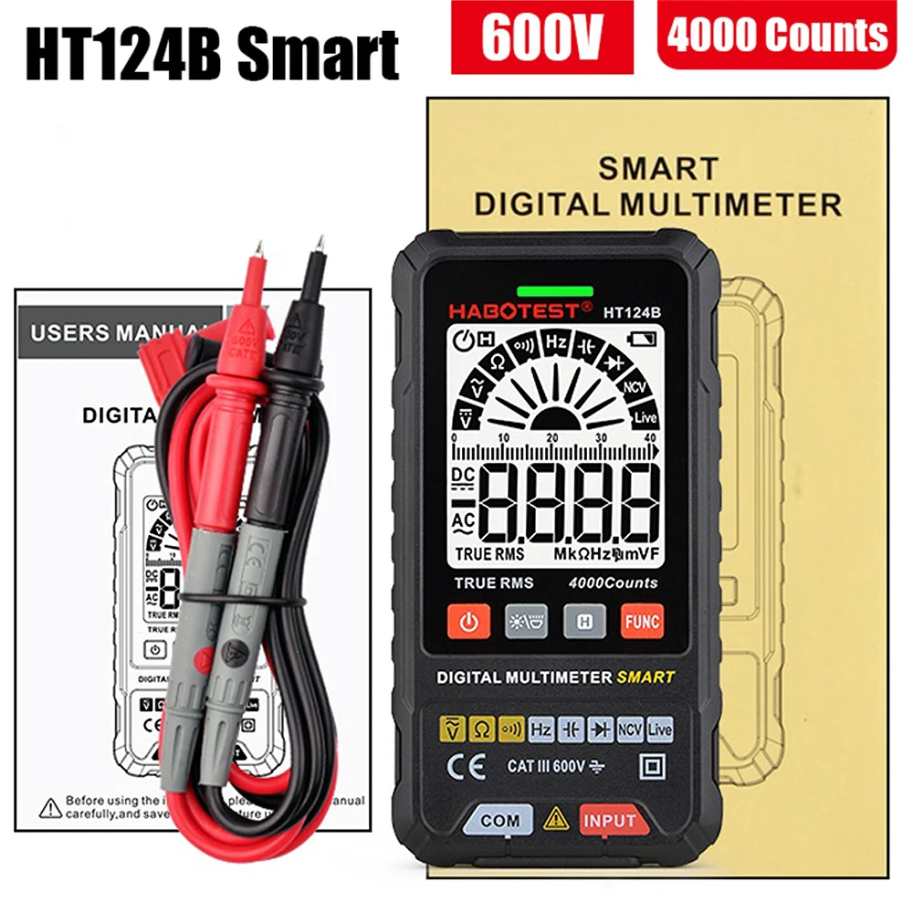 HT124B Professional Digital Smart Multimeter Capacitor Tester Voltmeter True RMS AC DC Voltage Ohm HZ Diode Continuity Meter