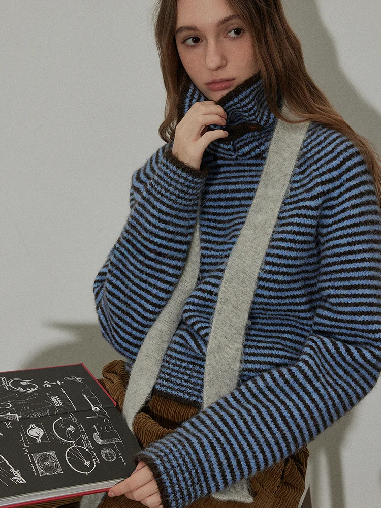 

Lofi Choose Women's Knitted Sweater with Collar Striped Contrast Color Design Autumn Winter Inner Wear Top Loose Fit Long Sve