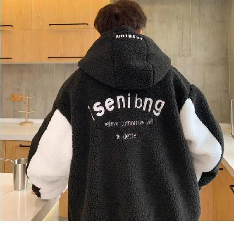 Embroidery Letter Fashion Patchwork Color Winter Hoodie Sweatshirt Men\'s Jacket Lamb Wool Casual Loose Zipper Loose Coat Male